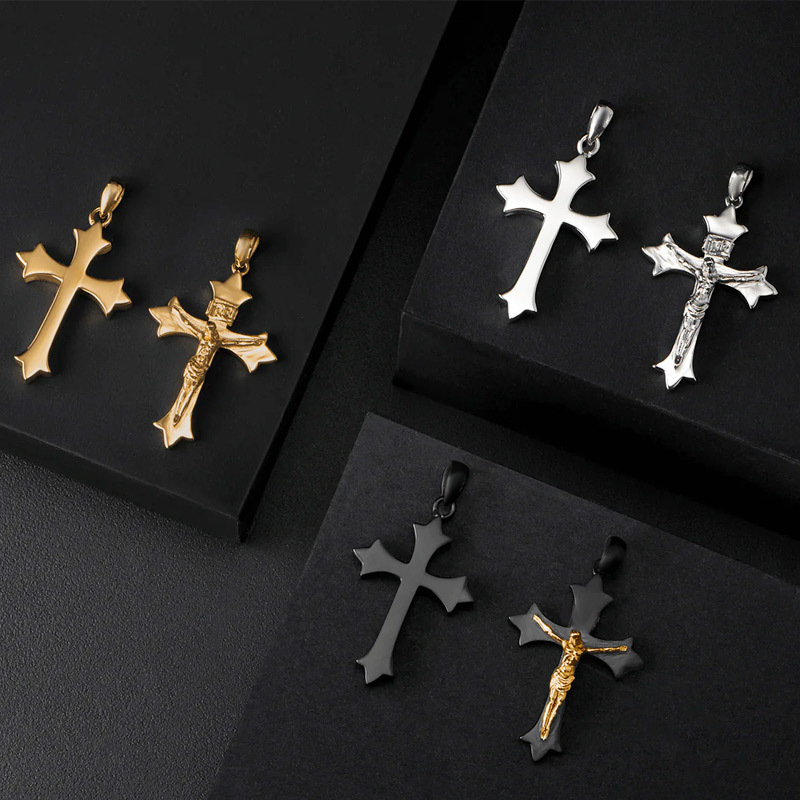 New Arrival Religious Jewelry 18K Gold Plated 316l Stainless Steel Jesus Cross Pendant Chain Necklaces For Men Jewelry Gift