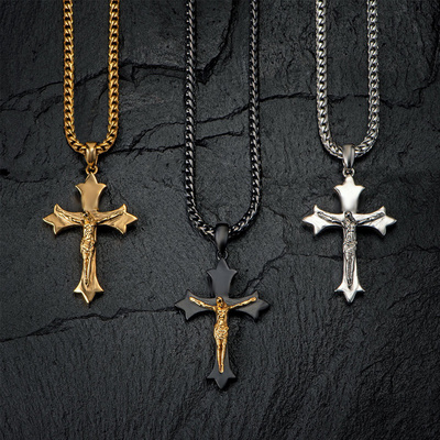 316L Stainless Steel Mirror Polished Medieval Crucifix Jesus Christ Cross Charm Pendant Necklace for Men Fashion Jewelry