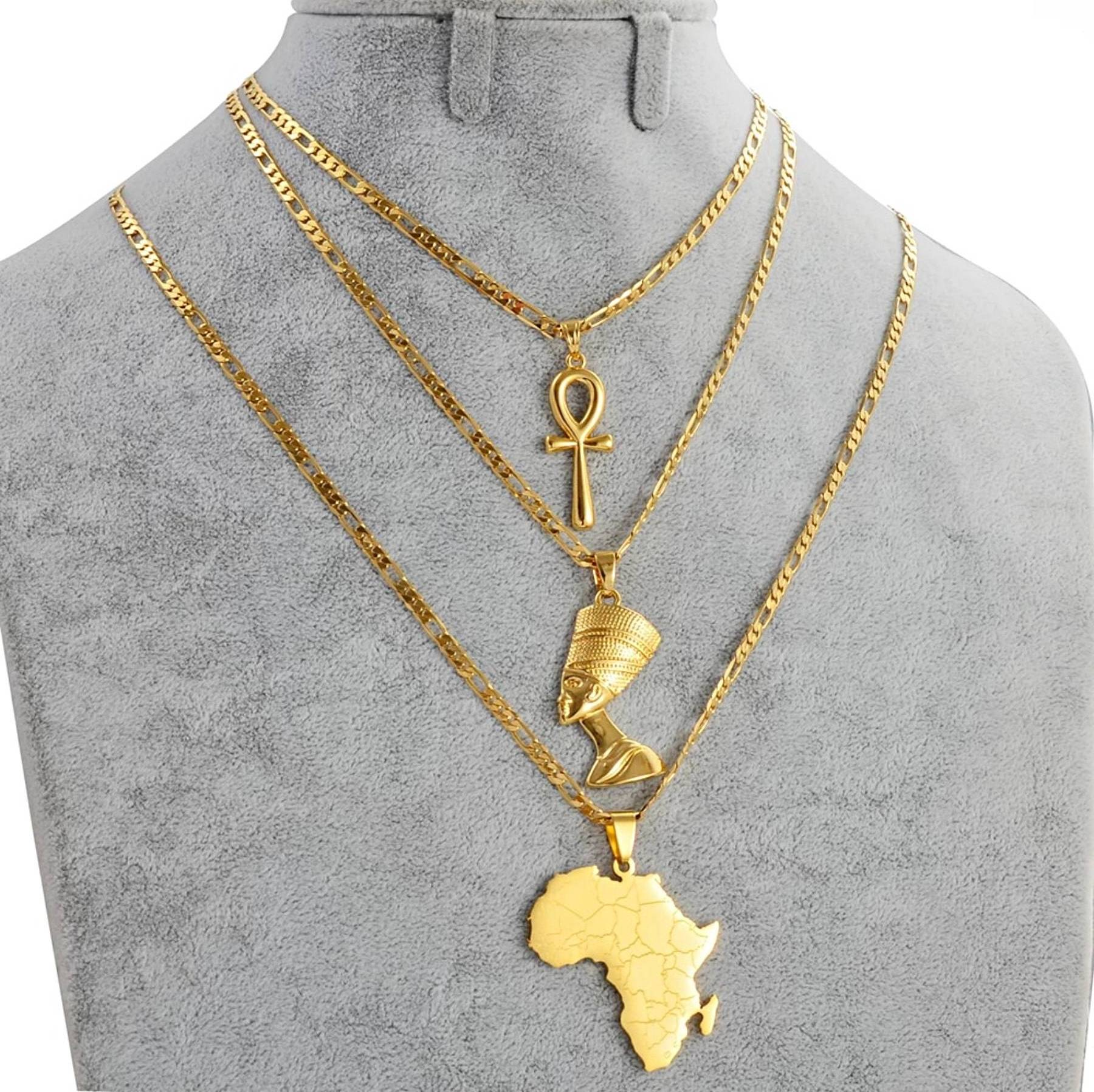 Stainless Steel 18k Gold Plated Jewelry Egyptian Queen Nefertiti Ankh Africa Map Necklace Set