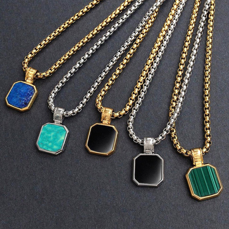 Premium 316L Stainless Steel Gold Plated Square Malachite Blue Lapis Matte Onyx Natural Stone Gemstone Necklace For Men