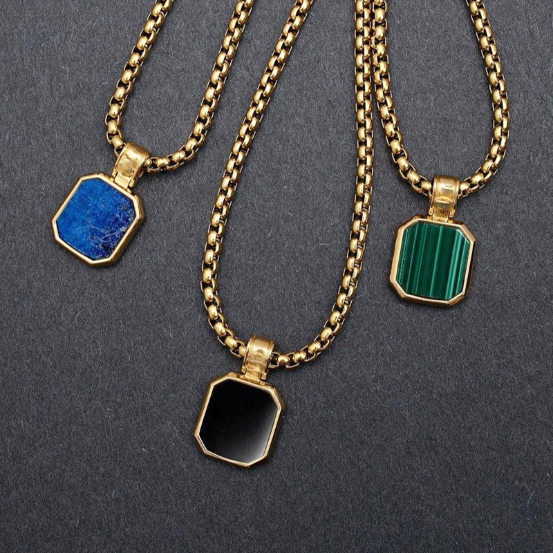 Premium 316L Stainless Steel Gold Plated Square Malachite Blue Lapis Matte Onyx Natural Stone Gemstone Necklace For Men