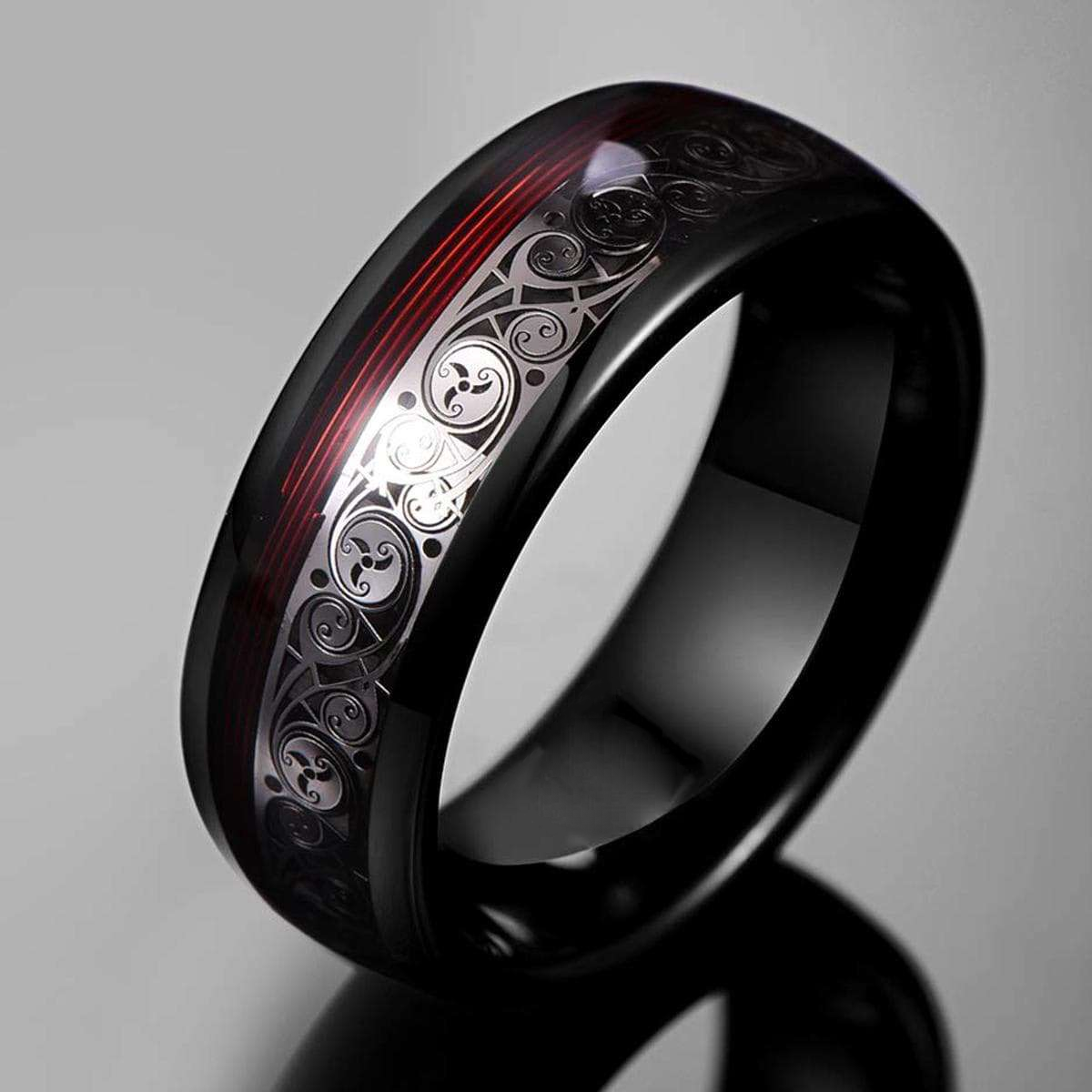 8mm Black Tungsten Ring Celtic Spiral Red Guitar String Inlaid Wedding Band Rings for Men