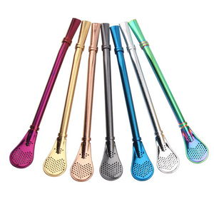 Reusable Stainless steel filter straw spoon micro-flat tube mouth coffee tea with ring straw filter stirring spoon