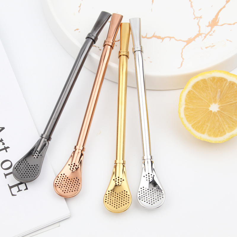 Reusable Stainless steel filter straw spoon micro-flat tube mouth coffee tea with ring straw filter stirring spoon