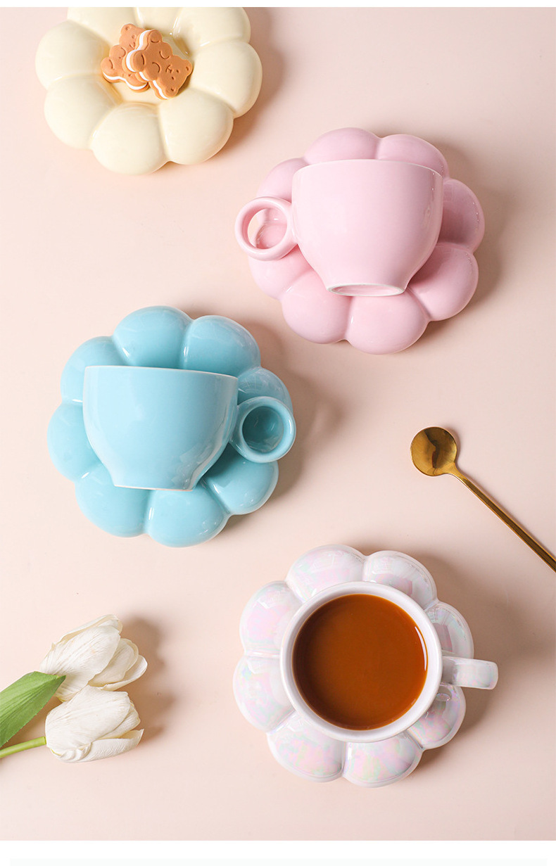 Rainbow Color Pearlescent Mug Gift Cloud Ceramic Tea Cup Flowers Latte Coffee Cups And Saucer Set