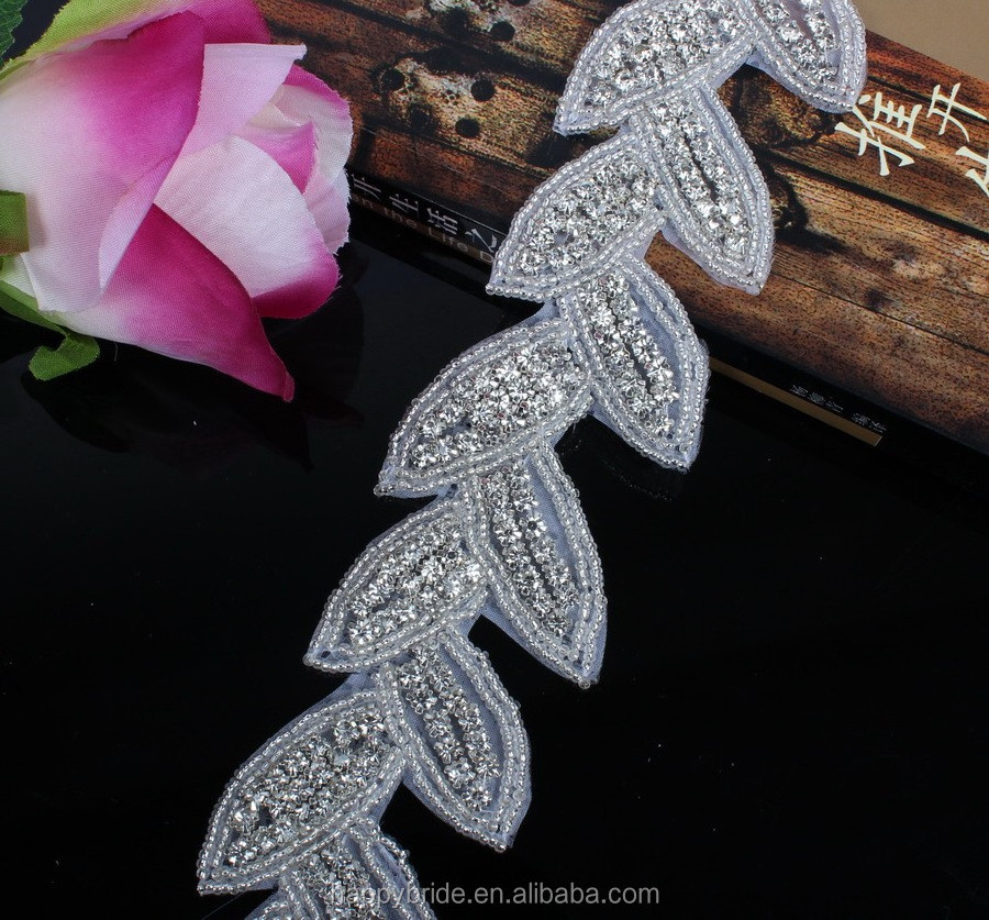 New Leaf Design Rhinestones Beaded Applique Clear Stones Beaded Trim Handmade for Wedding Dress and Garter Jewelry RA1011