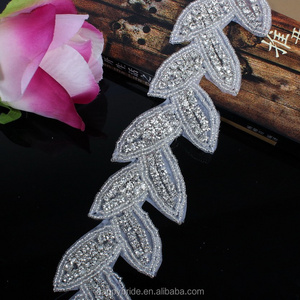 New Leaf Design Rhinestones Beaded Applique Clear Stones Beaded Trim Handmade for Wedding Dress and Garter Jewelry RA1011