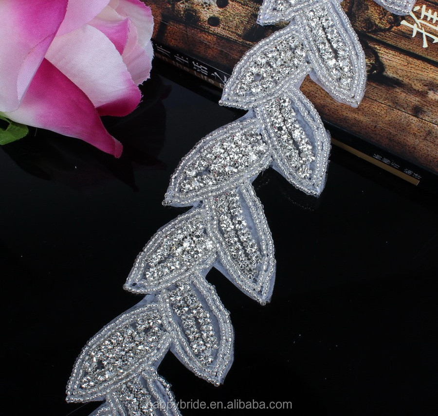 New Leaf Design Rhinestones Beaded Applique Clear Stones Beaded Trim Handmade for Wedding Dress and Garter Jewelry RA1011