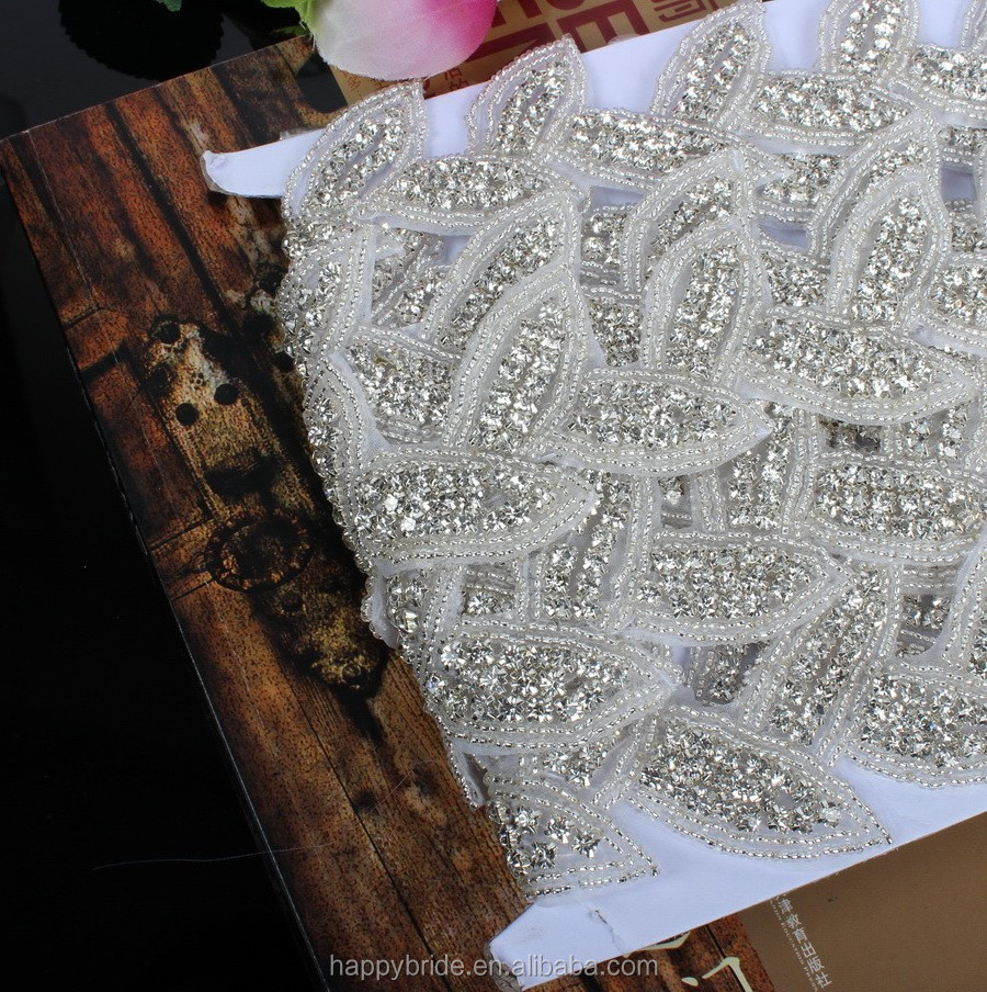 New Leaf Design Rhinestones Beaded Applique Clear Stones Beaded Trim Handmade for Wedding Dress and Garter Jewelry RA1011