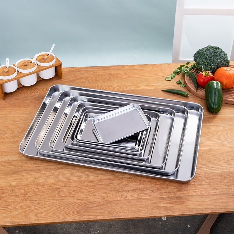 Rectangular Stainless Steel 304/430 Thickening Food Serving Tray Deep Silver Baking Tray Square Plate