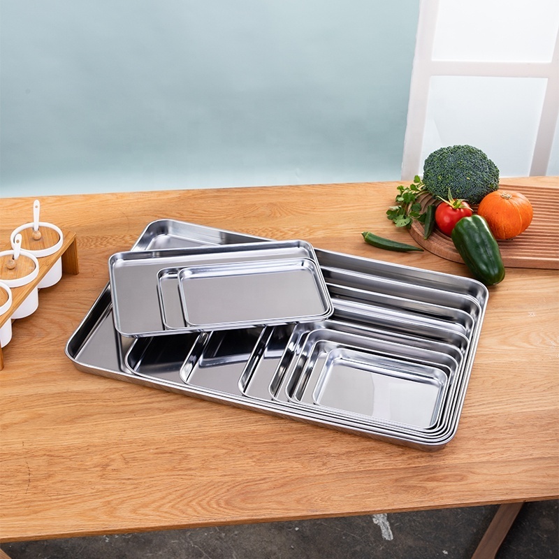 Rectangular Stainless Steel 304/430 Thickening Food Serving Tray Deep Silver Baking Tray Square Plate