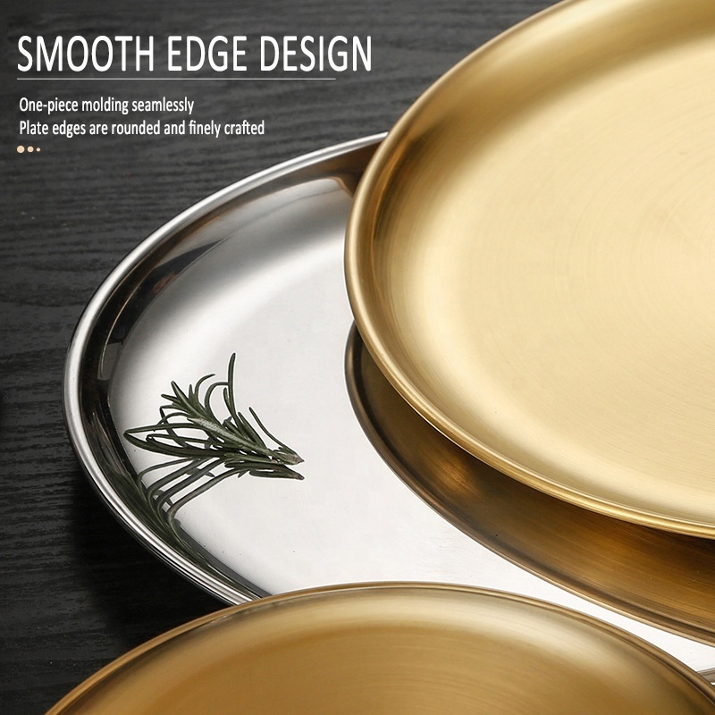 Wholesale Korean Style Round Stainless Steel gold Chargers Metal Serving Dinner Plate Dish Wedding Decorative Tray