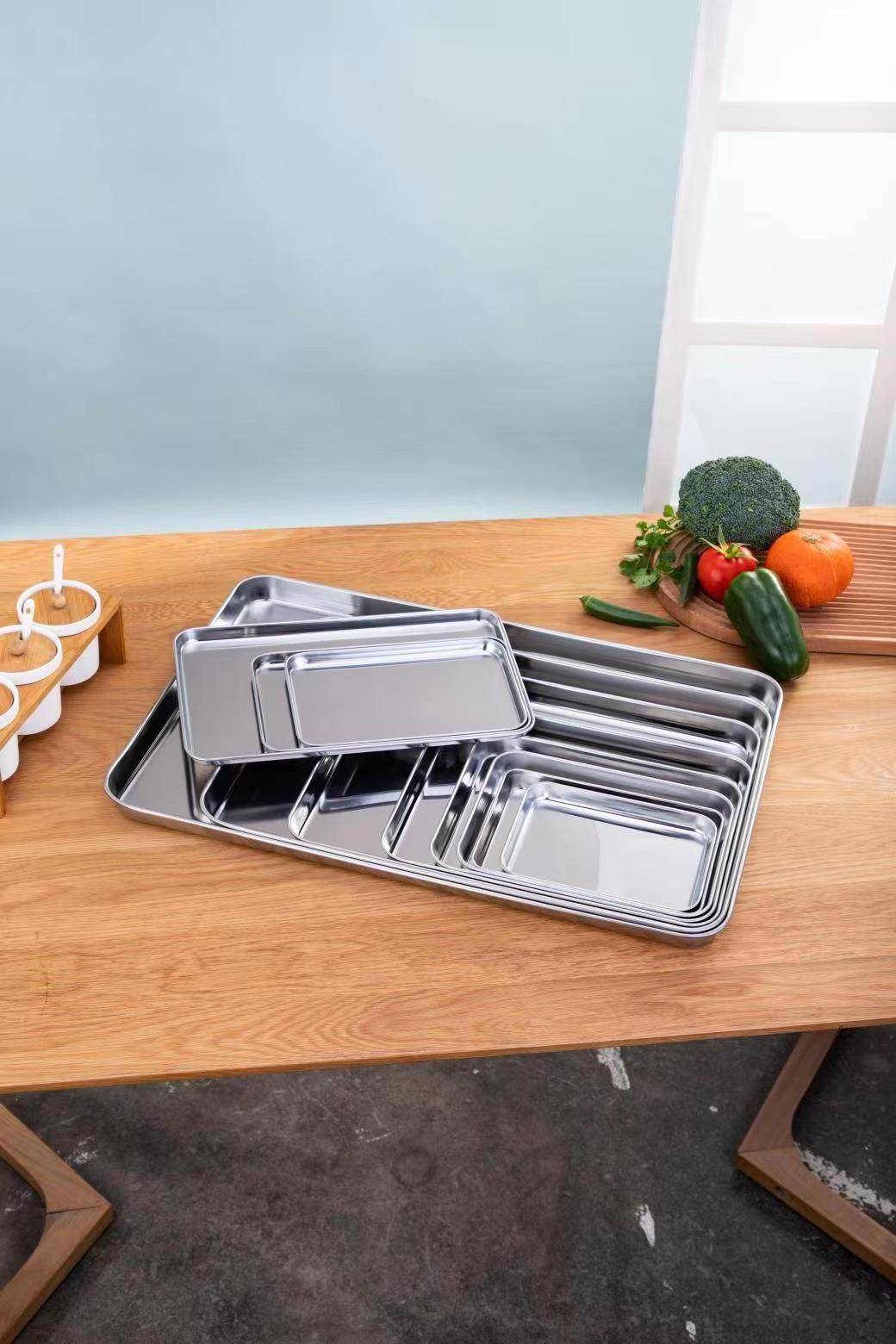 Rectangular Stainless Steel 304/430 Thickening Food Serving Tray Deep Silver Baking Tray Square Plate