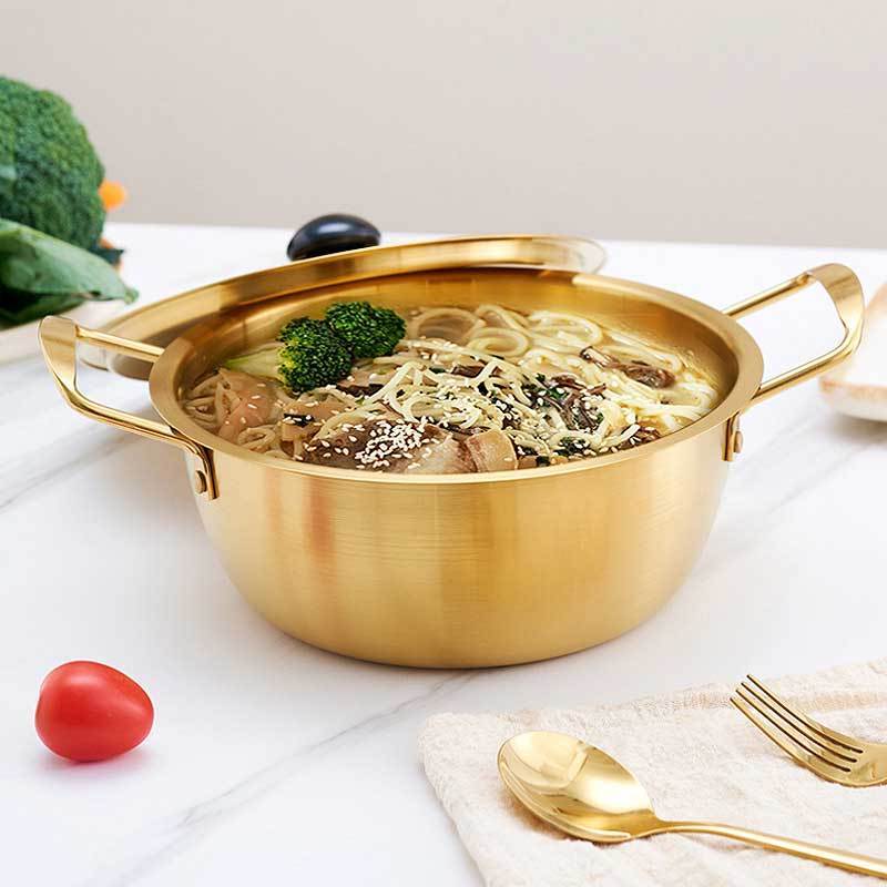 Korean Style Stainless Steel Cookware Golden Kitchen Cooking Instant Noodle Ramen Noodles Pot With Lid For Induction Cooker