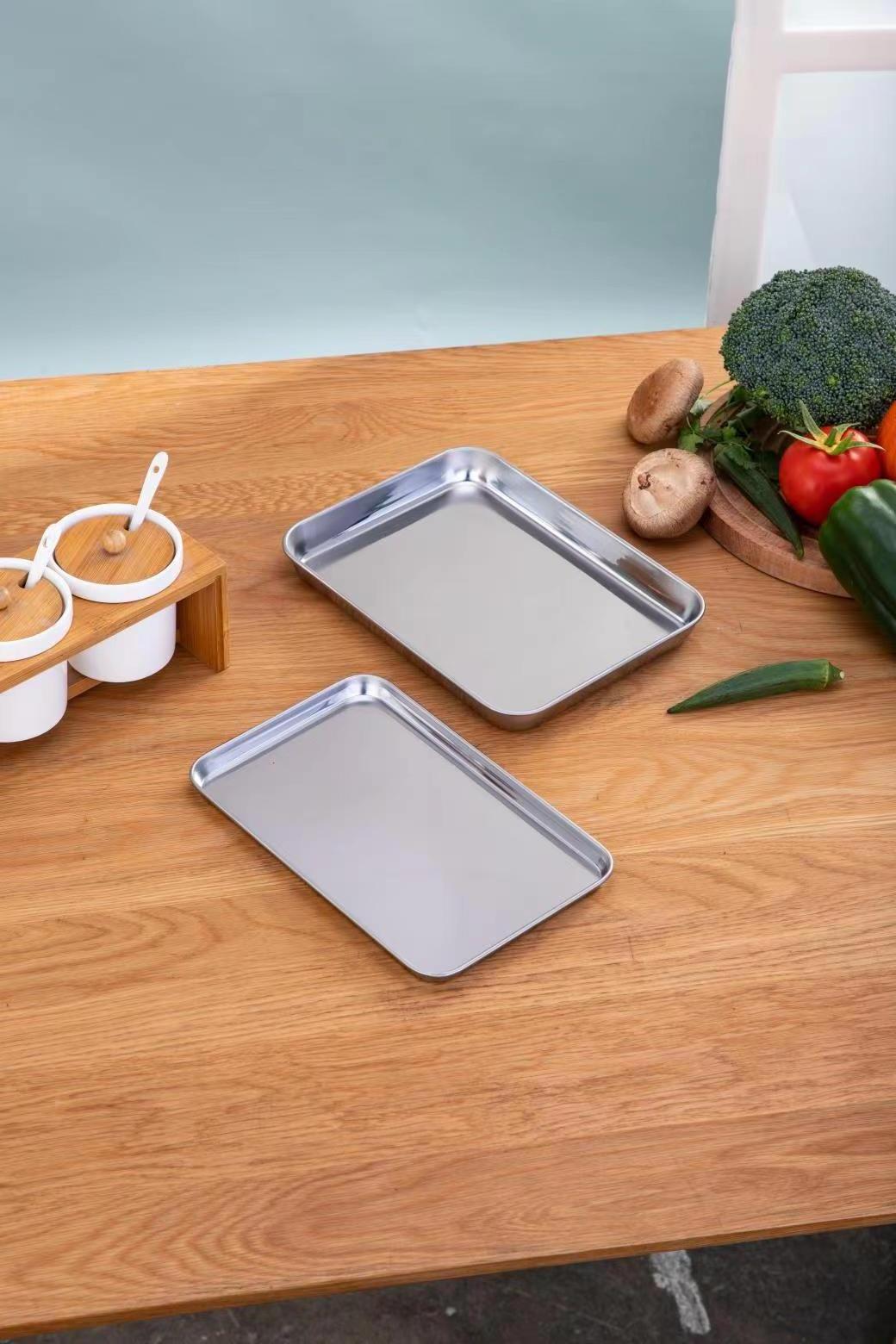 Rectangular Stainless Steel 304/430 Thickening Food Serving Tray Deep Silver Baking Tray Square Plate