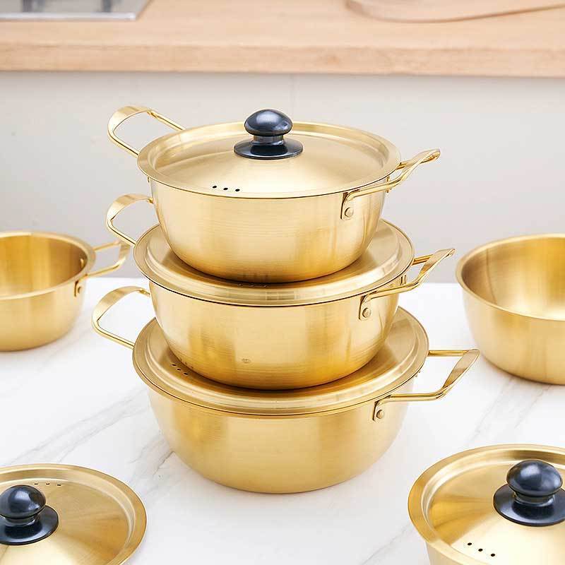 Korean Style Stainless Steel Cookware Golden Kitchen Cooking Instant Noodle Ramen Noodles Pot With Lid For Induction Cooker