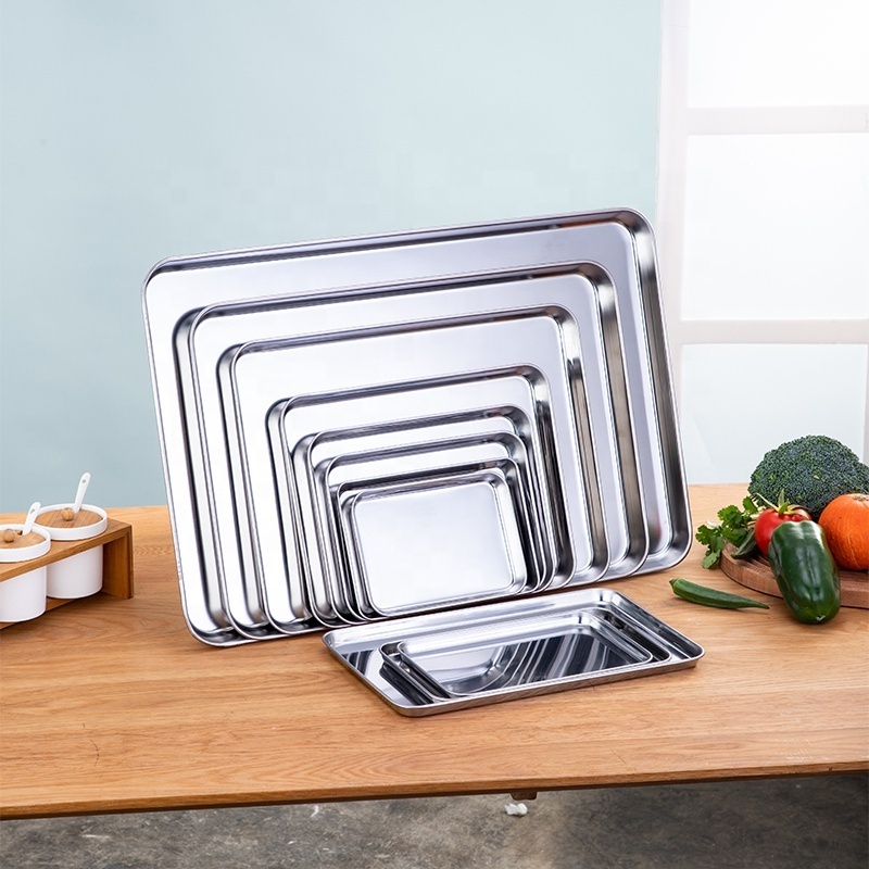 Rectangular Stainless Steel 304/430 Thickening Food Serving Tray Deep Silver Baking Tray Square Plate