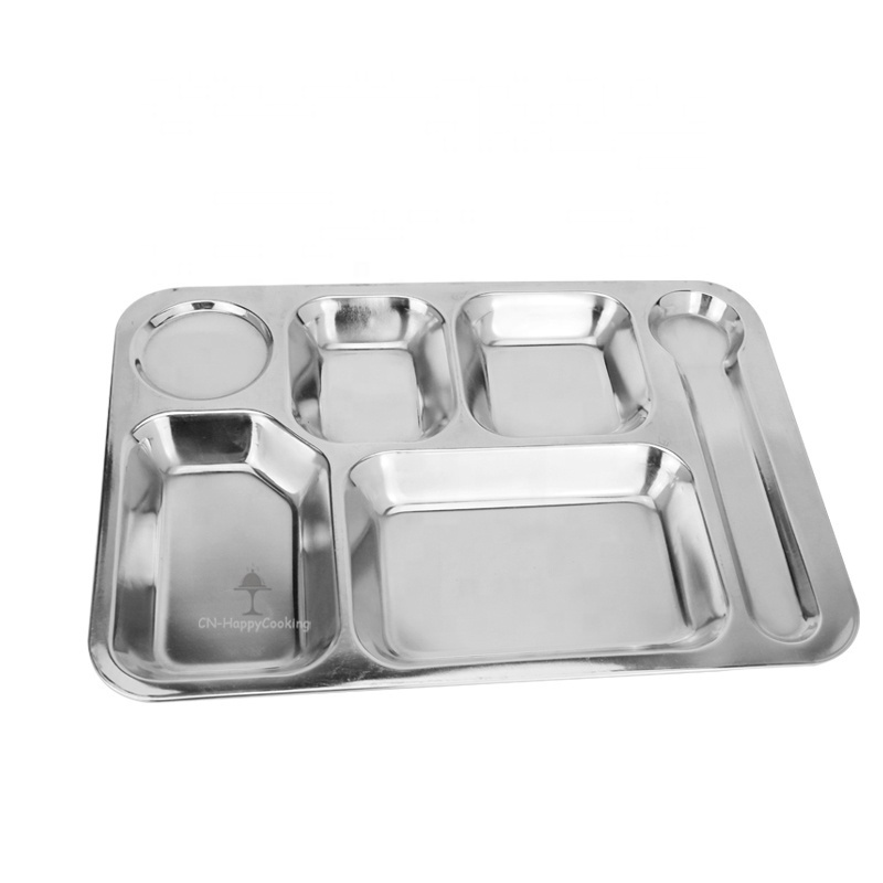 Direct factory price good quality stainless steel compartment tray serving tray with 6 compartments,stainless steel dinner plate