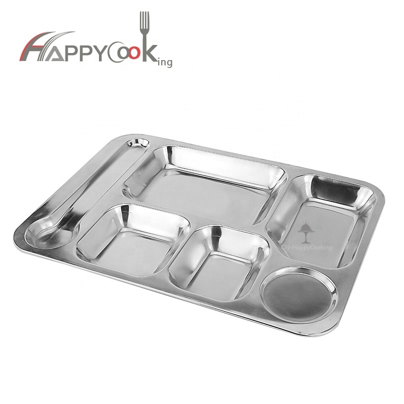 Direct factory price good quality stainless steel compartment tray serving tray with 6 compartments,stainless steel dinner plate