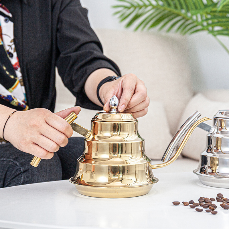 Hot sell long spout golden plated cold water kettle Non-electric stainless steel flask tea kettle for hotel restaurant