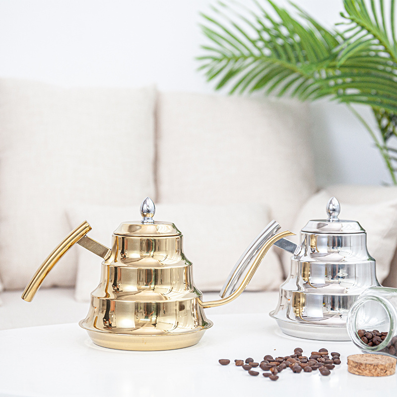 Hot sell long spout golden plated cold water kettle Non-electric stainless steel flask tea kettle for hotel restaurant