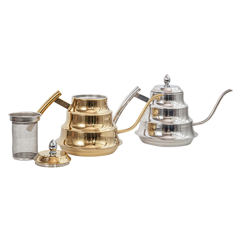 Hot sell long spout golden plated cold water kettle Non-electric stainless steel flask tea kettle for hotel restaurant