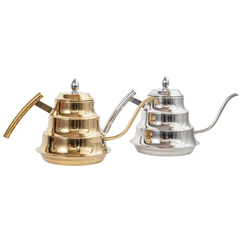 Hot sell long spout golden plated cold water kettle Non-electric stainless steel flask tea kettle for hotel restaurant