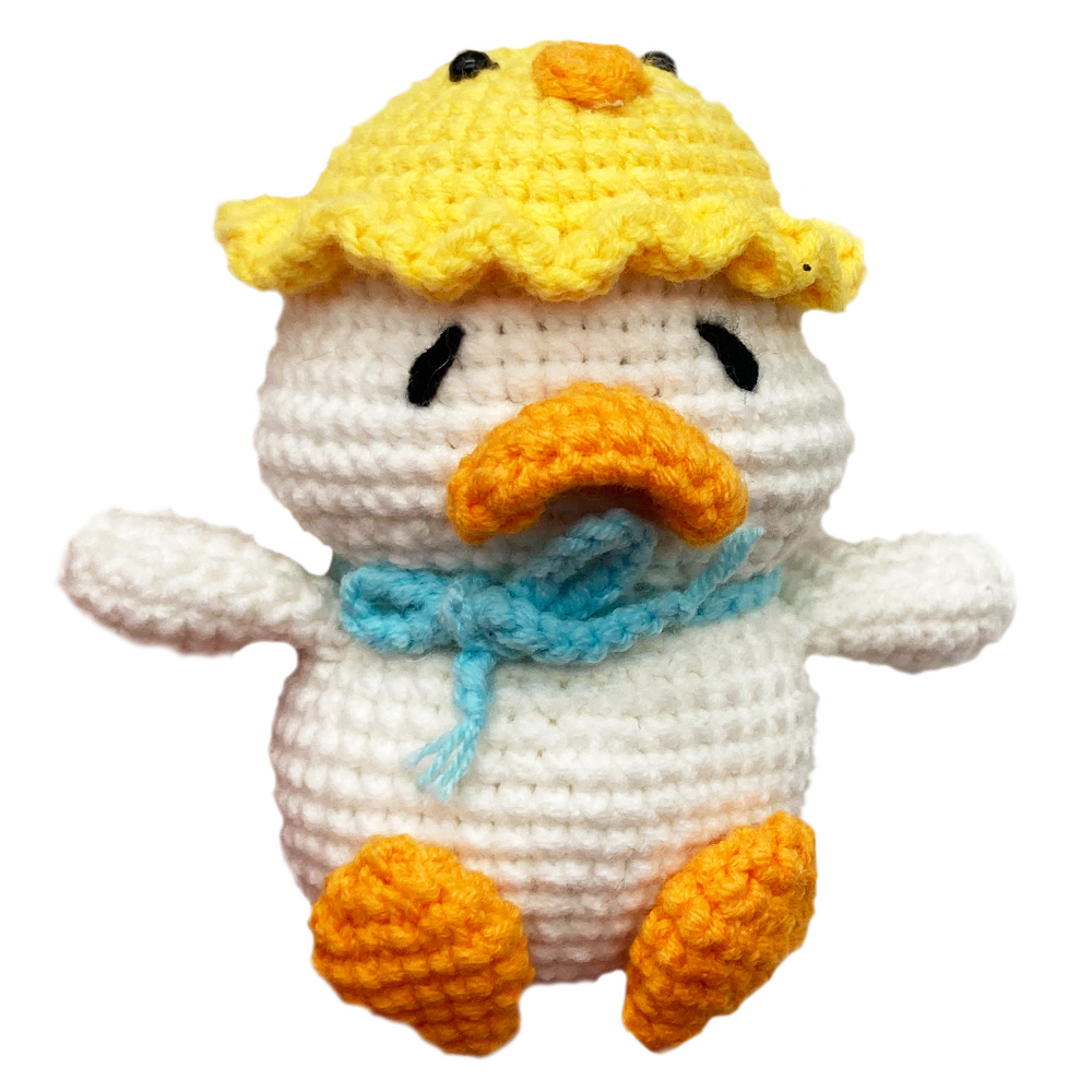 HOT selling Crochet Fuzzy Duck Stuffed Animal with Yellow hat  and White body Cuddly Knit Soft Yarn Plush Duck Toy