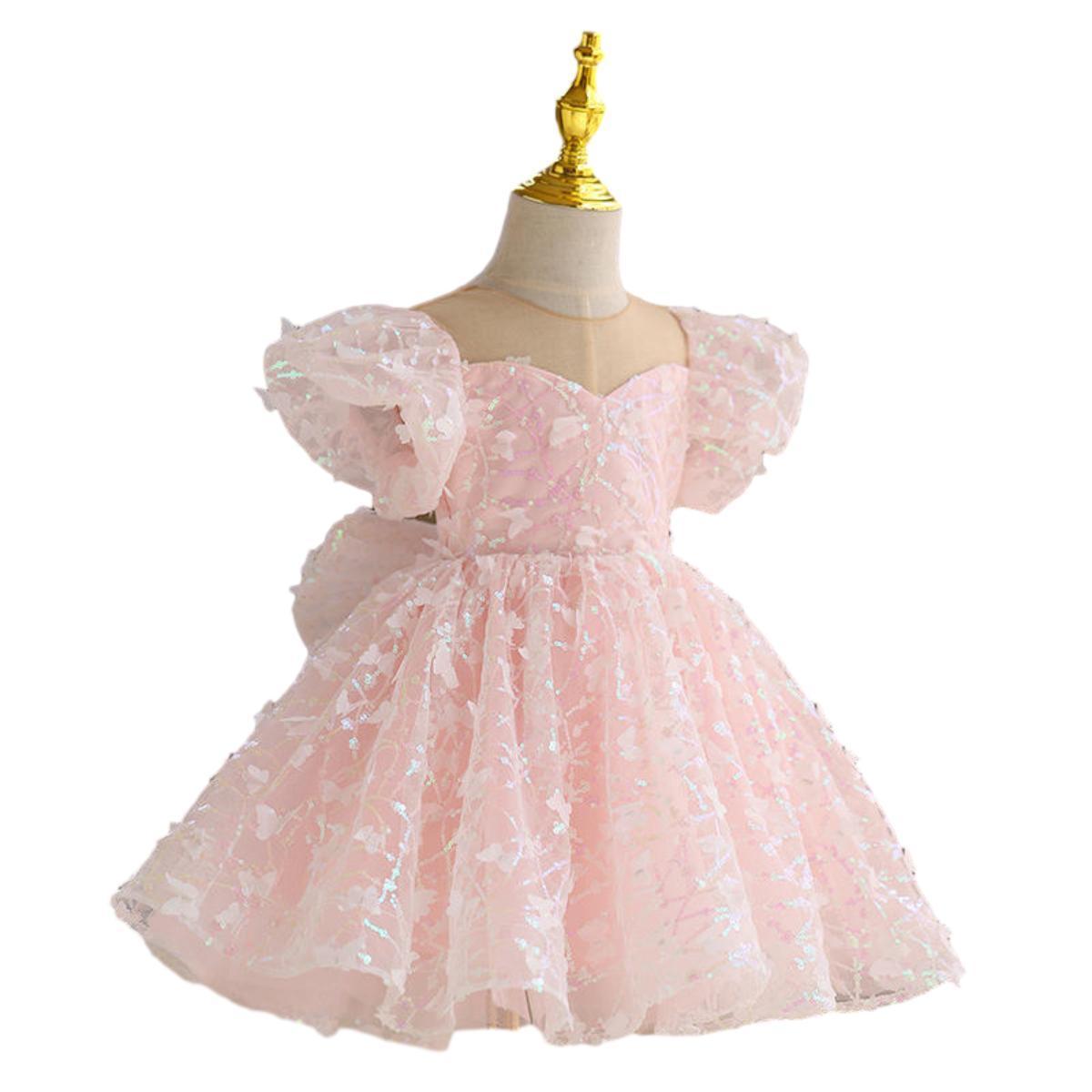 Ins Customized Shiny Solid Butterfly Flying Sleeve Girls Sequin Tulle Dress for Summer