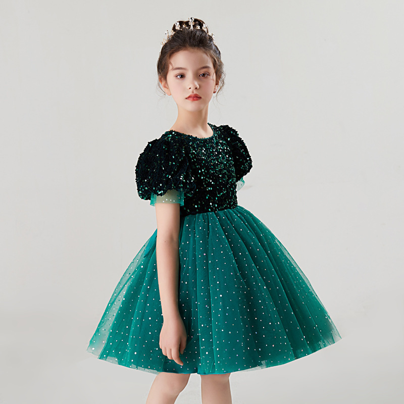 Girls' short sleeved dress evening dress sequin gauze poncho skirt short princess skirt sweet