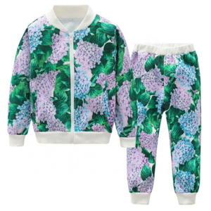 Kids Wholesale Sweat Suits Cute Fashion Design Custom Zipper Up Bomber Pants Flowers Digital Printing Children's Clothing