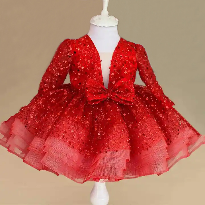 Sequins Mesh Girls Princess Vintage long Sleeve Wedding Party Birthday Tutu Dress