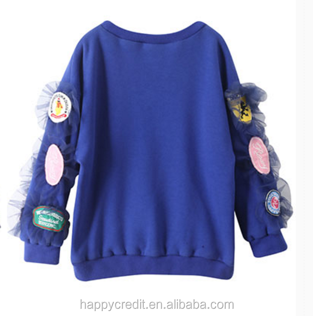 Embroidery Smile Face Patches Lace Ruffles Soft Fleece Black Kids Sweatshirt without Hood