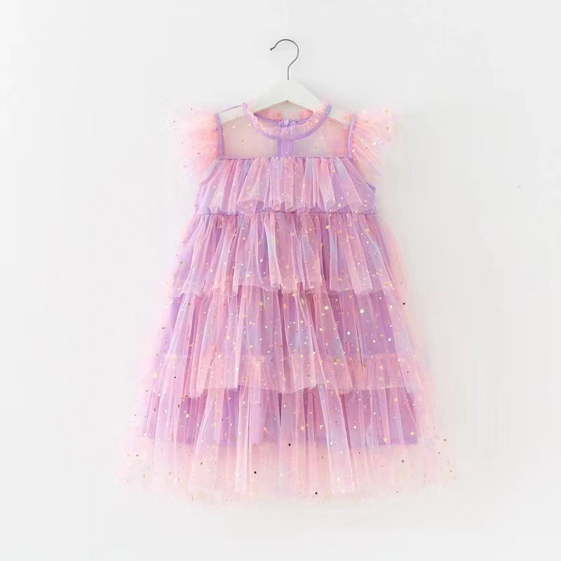 Custom Fly Sleeve Star Print Rainbow Layered Tulle dress for girls