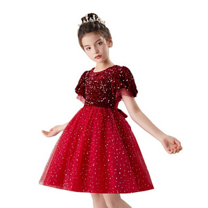 Girls' short sleeved dress evening dress sequin gauze poncho skirt short princess skirt sweet