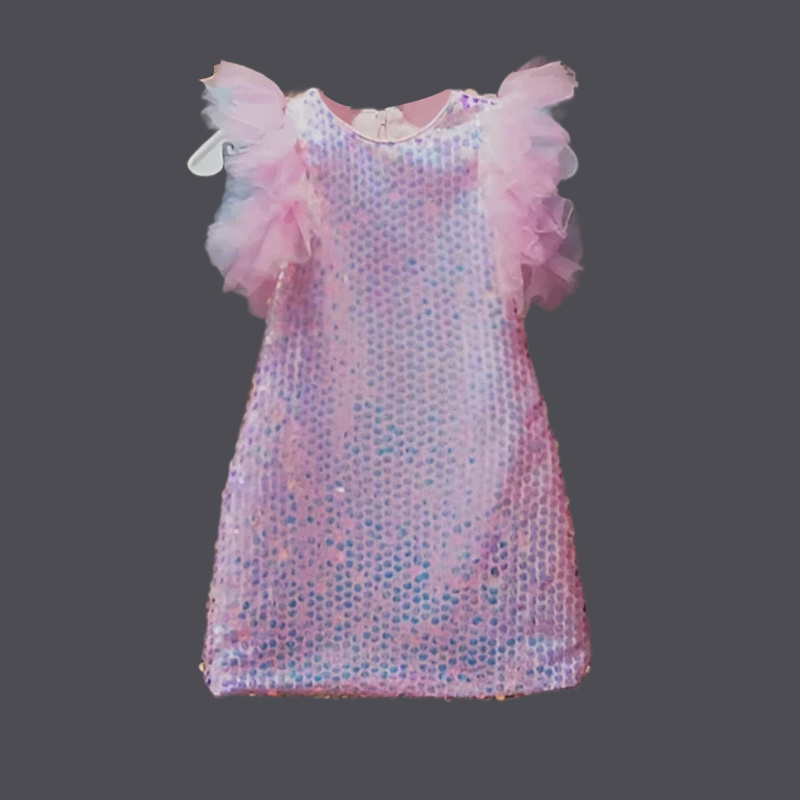 Pink sequined net yarn flying sleeve dress children dress performance costume catwalk show host birthday party girl dress