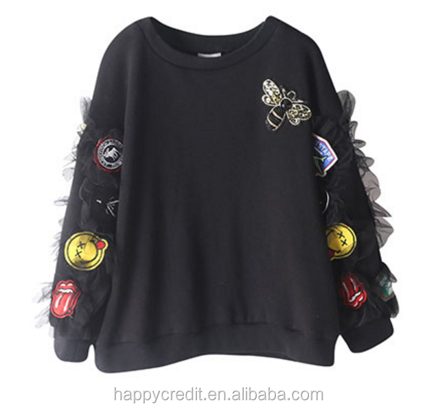 Embroidery Smile Face Patches Lace Ruffles Soft Fleece Black Kids Sweatshirt without Hood