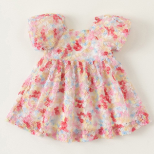 High Quality Sweet Puff Sleeve Pink Flower Printed Floral Girls Tulle Dress for Summer