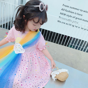 2023 New Summer Rainbow Clouds Rainbow Colors Stars Mesh Dress  Girl Dresses For Kids