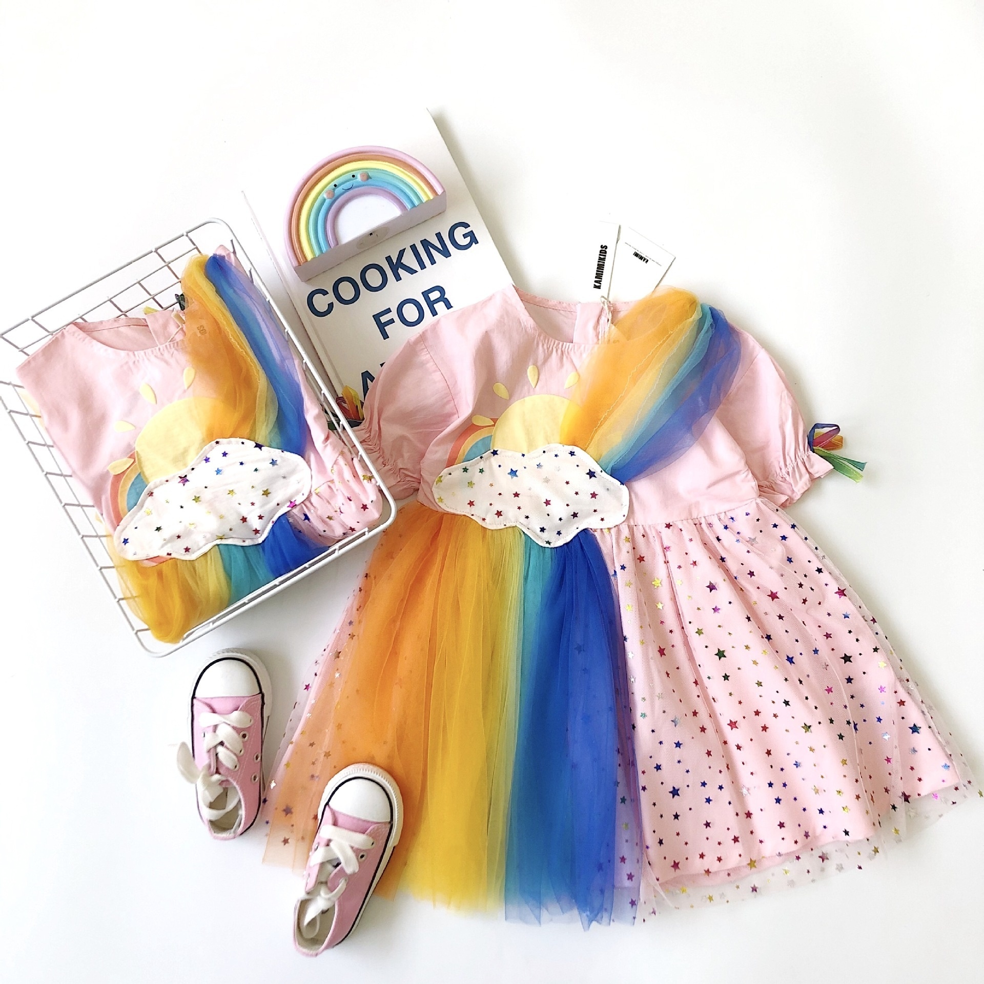 2023 New Summer Rainbow Clouds Rainbow Colors Stars Mesh Dress  Girl Dresses For Kids