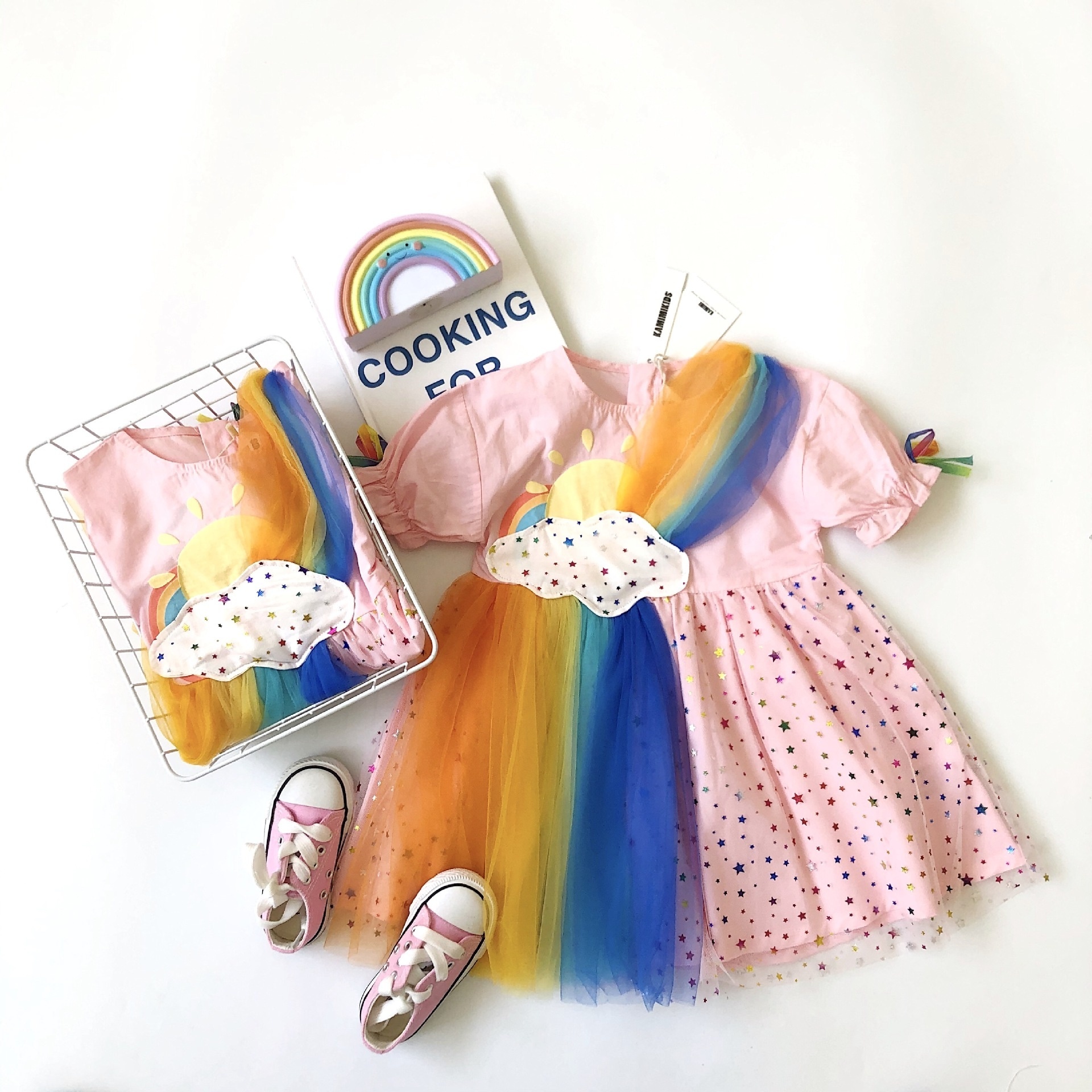 2023 New Summer Rainbow Clouds Rainbow Colors Stars Mesh Dress  Girl Dresses For Kids