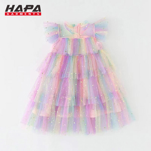 Custom Fly Sleeve Star Print Rainbow Layered Tulle dress for girls