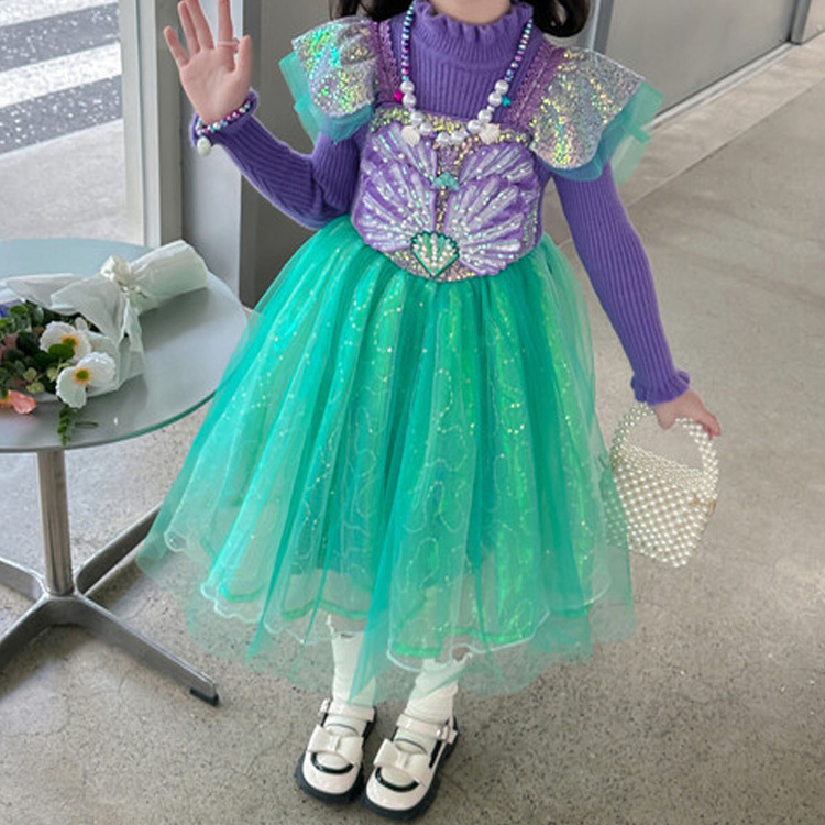 High Quality Wholesale sequin mesh dress small flying sleeves luminous birthday girls dress