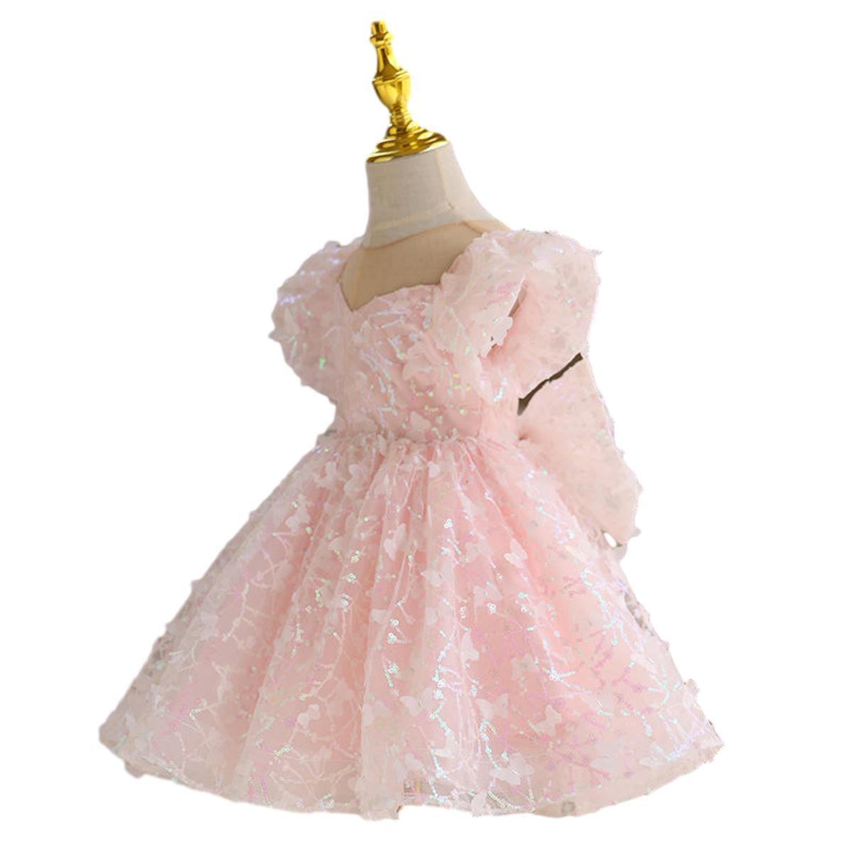 Ins Customized Shiny Solid Butterfly Flying Sleeve Girls Sequin Tulle Dress for Summer