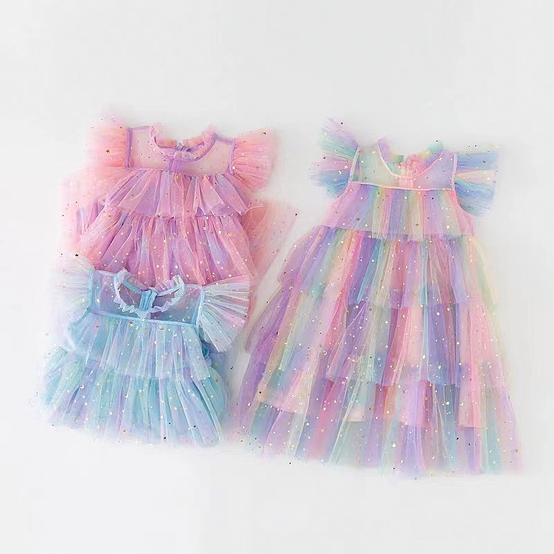 Custom Fly Sleeve Star Print Rainbow Layered Tulle dress for girls