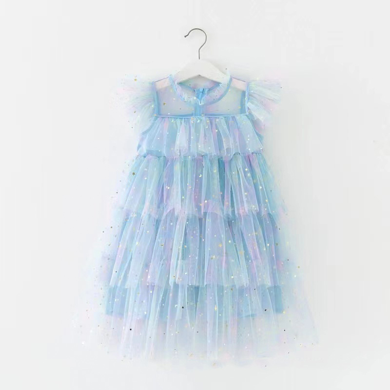 Custom Fly Sleeve Star Print Rainbow Layered Tulle dress for girls