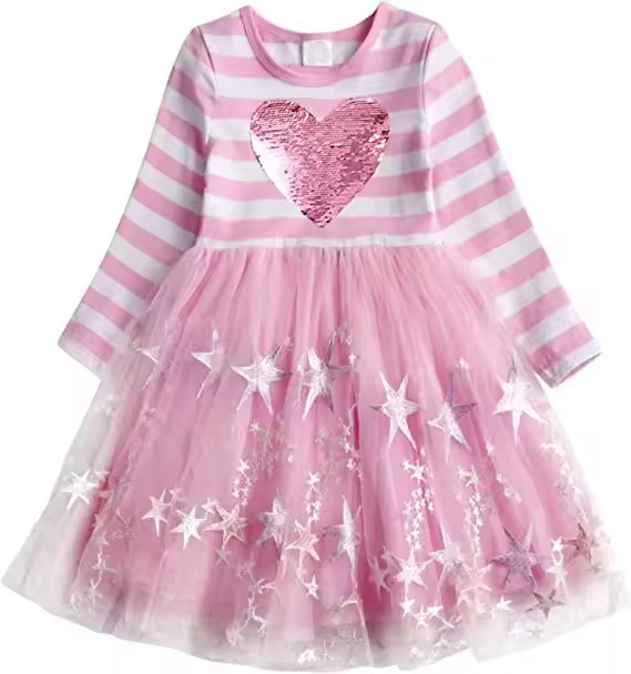 2024 High Quality Baby Girl Party Dress Sequins Printing Long Sleeve Tulle Girl Dress