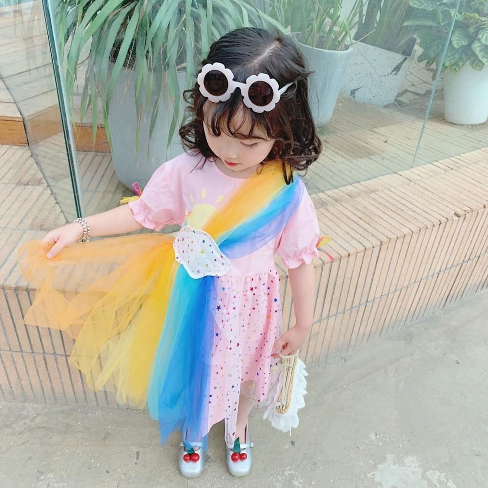 2023 New Summer Rainbow Clouds Rainbow Colors Stars Mesh Dress  Girl Dresses For Kids