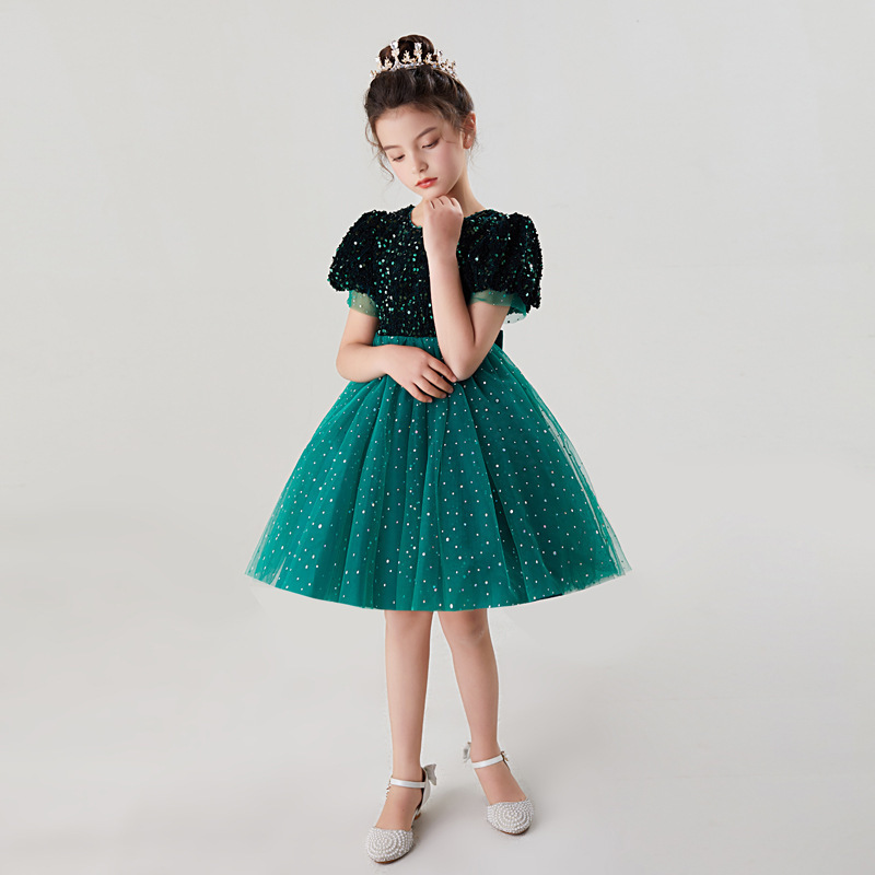 Girls' short sleeved dress evening dress sequin gauze poncho skirt short princess skirt sweet