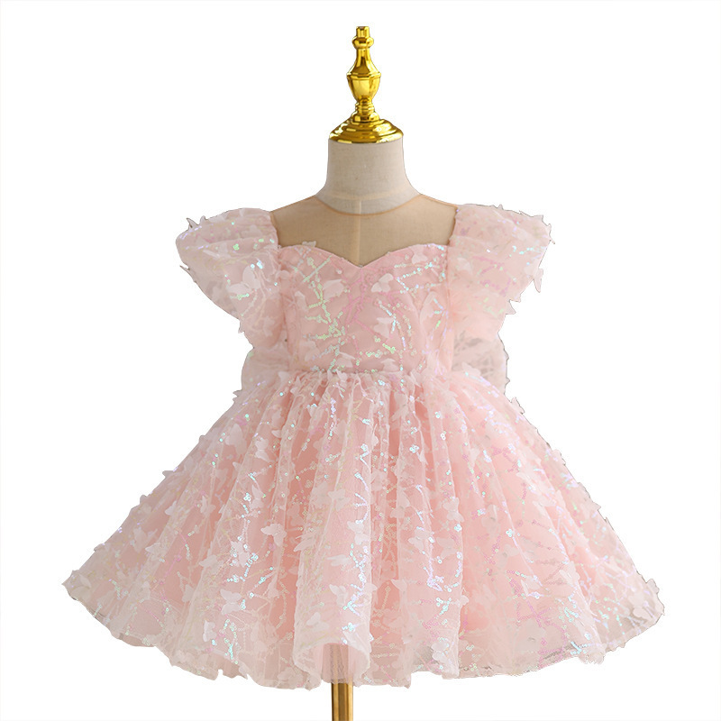 Ins Customized Shiny Solid Butterfly Flying Sleeve Girls Sequin Tulle Dress for Summer